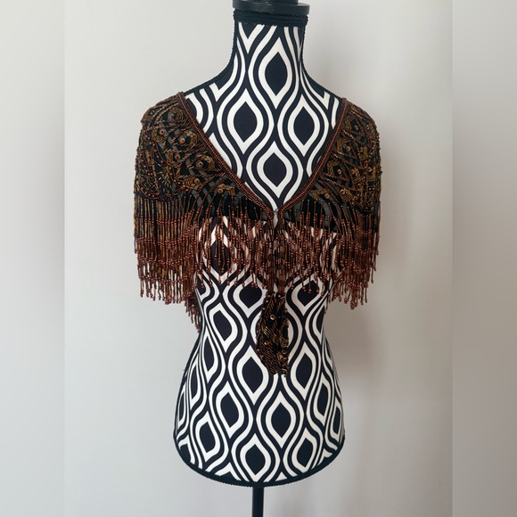 Gorgeous Vintage 70s 80s Sequin & Beaded Art Deco Shawl Capelet Rose Gold Bronze - Picture 12 of 15